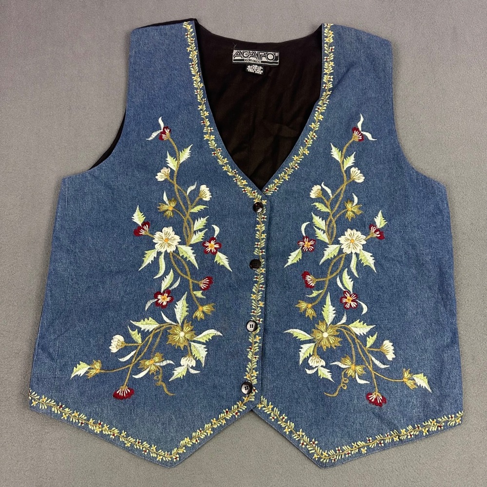 Agapo Collection Denim Floral Embroidered Vest Plus Size 3X Blue Boho Cinch Back